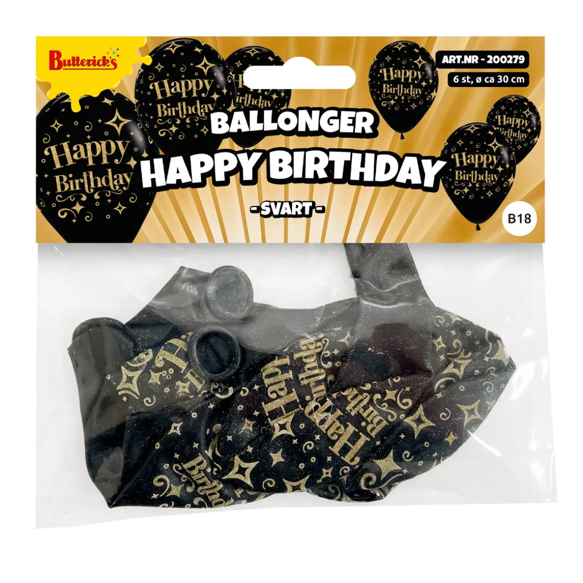 Ballonger, happy birthday svart 6 st