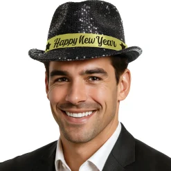 Glitterhatt, fedora svart happy new year