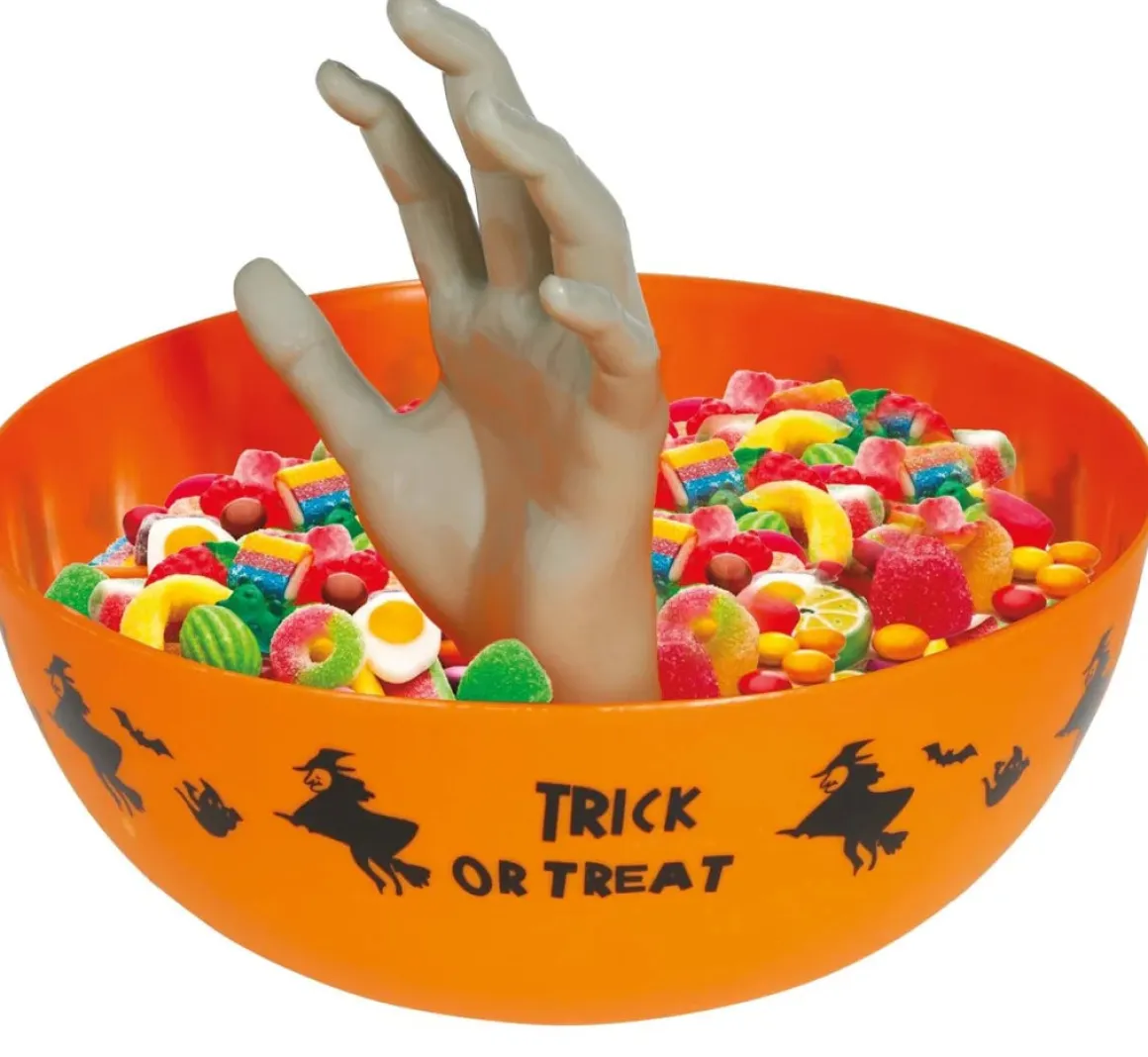 Godisskål med hand, trick or treat orange 25 cm