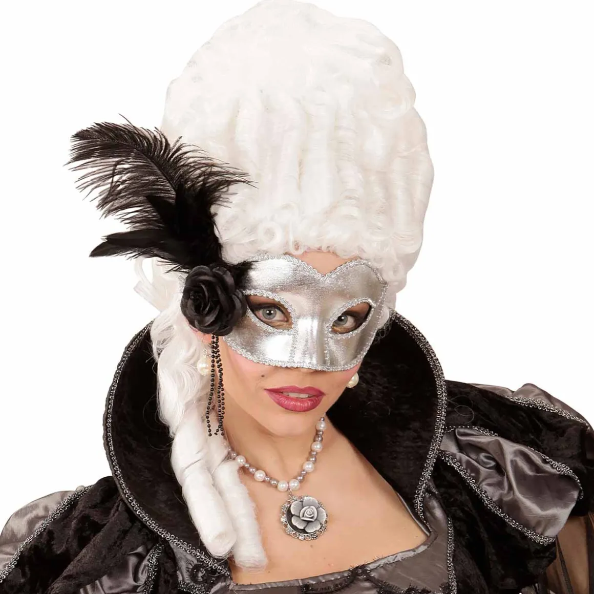 Ögonmask, silver venice med fjäder
