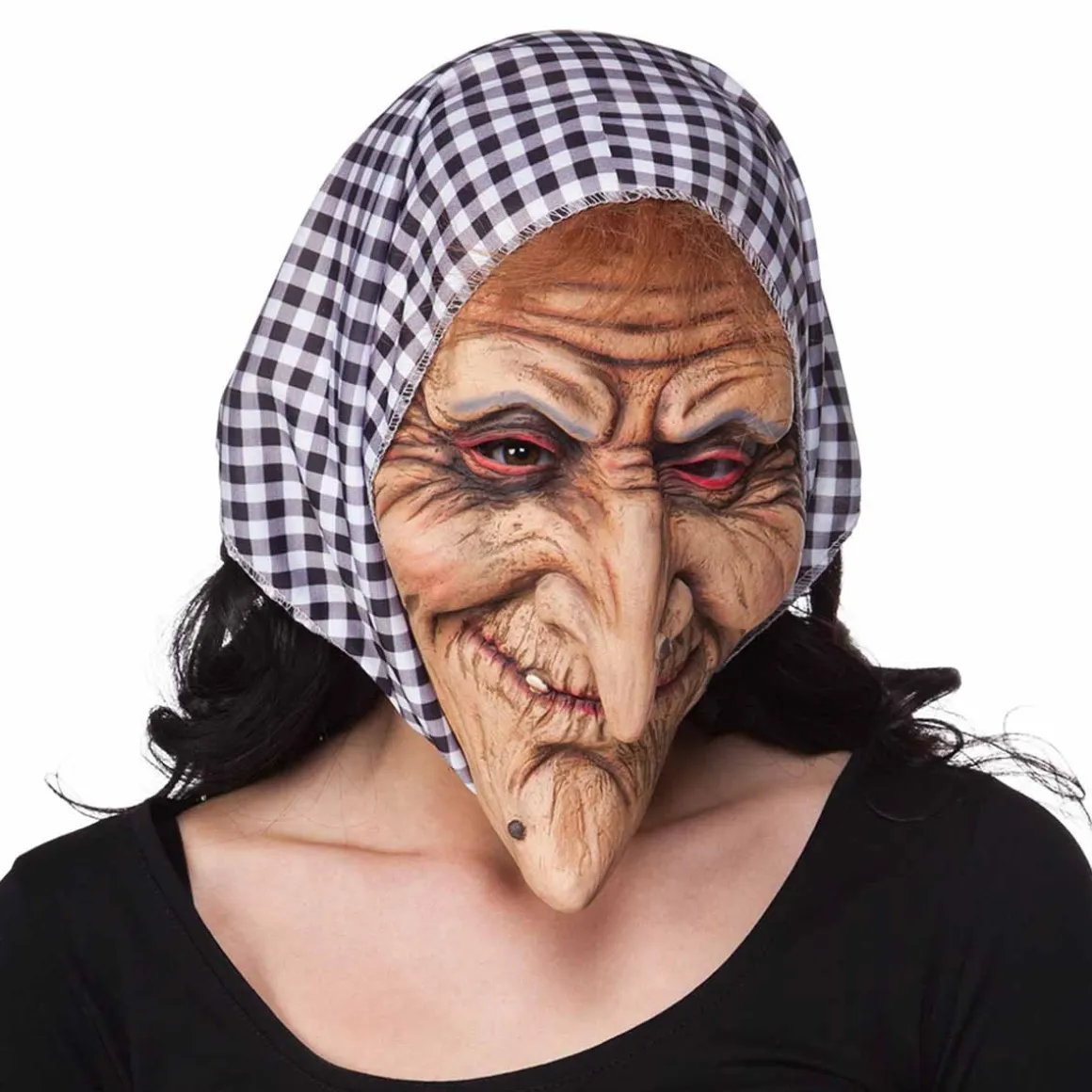 Latexmask, häxa med sjal