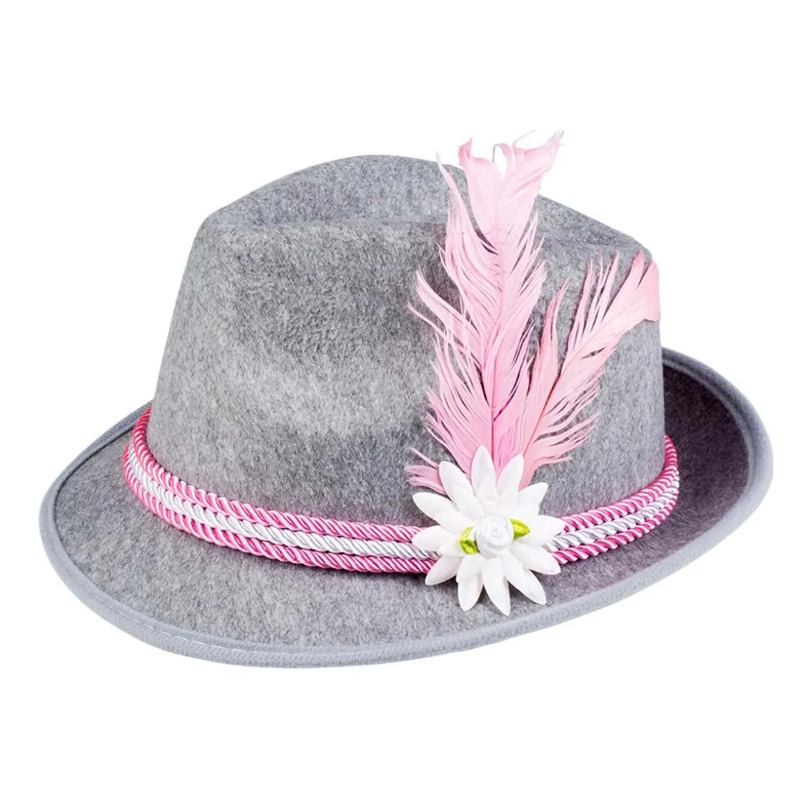 Tyrolerhatt, grå/rosa med fjäder
