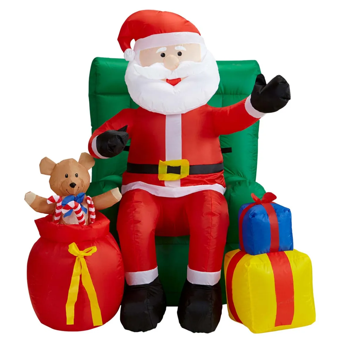 Uppblåsbar props, tomte i fotölj med julklappar 122 cm